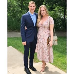 LOUNA Pink Printed Georgette Sheer Ruffled Short Sleeve Elizabeth Dress sz M